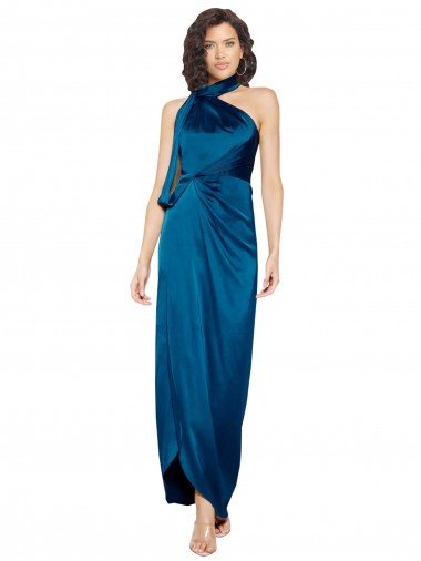 High Halter Neck Formal Silky Satin Bridesmaid Dress / Prom Dress with Sash Overlay and Side Split Canada