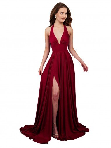 A-Line Halter Plunge V-Neckline Open Back Formal Spandex Bridesmaid Dress / Prom Dress with Slit Canada