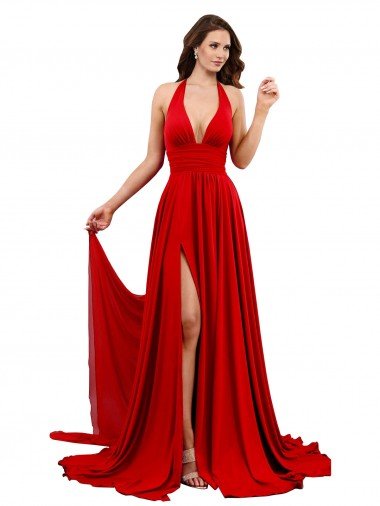 High Slit A-Line Halter Long Formal Spandex Bridesmaid Dress / Prom Dress Open Back Canada