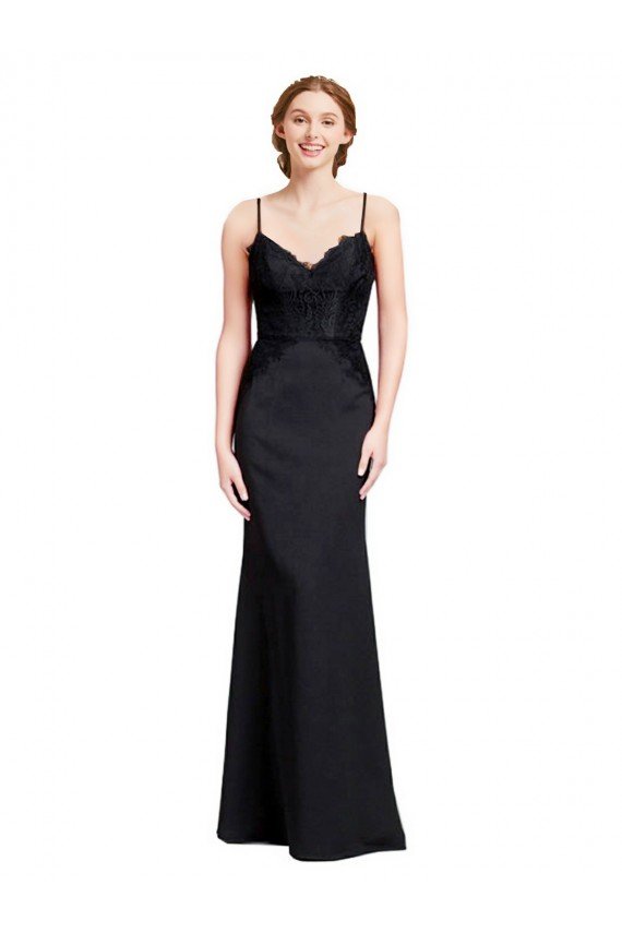 Long Chiffon Bridesmaid Dress / Prom Dress with Lace Bodice and Curved V-Neckline