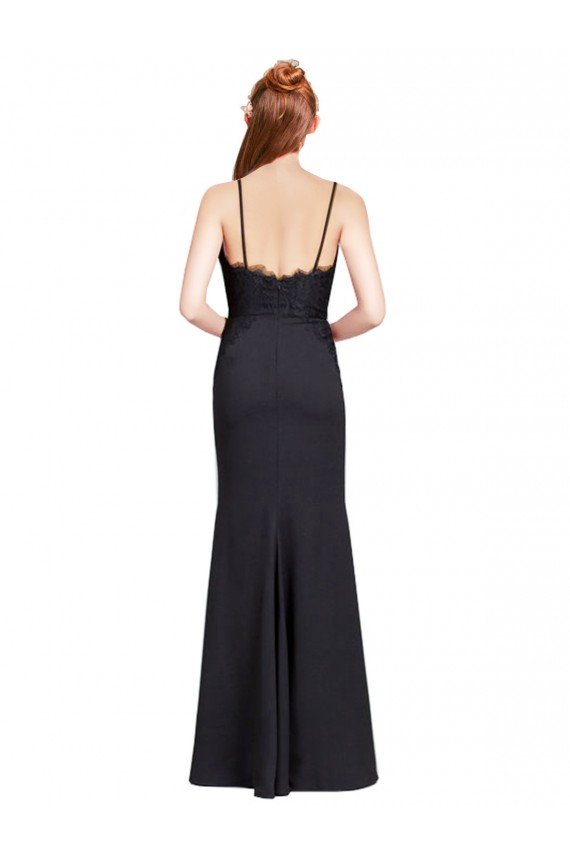 Long Chiffon Bridesmaid Dress / Prom Dress with Lace Bodice and Curved V-Neckline