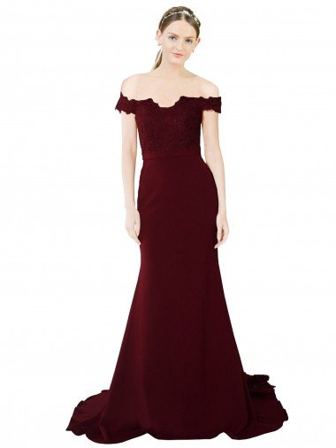 Full Length Off the Shoulder Formal Crepe Bridesmaid Dress / Prom Dress with Lace On Bodice and Back Canada