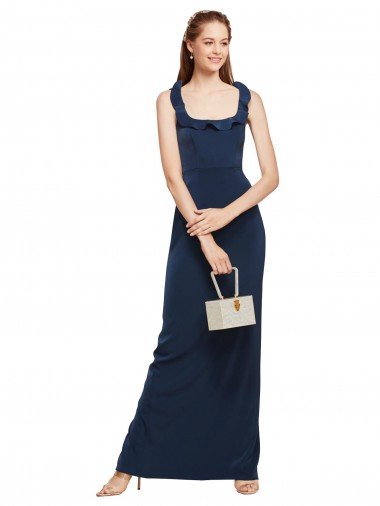 Scoop Neck with Ruffles Long Formal Crepe Bridesmaid Dress / Prom Dress with Back Slit Canada