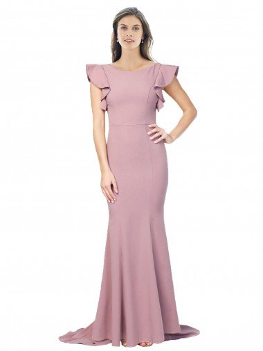 Flutter Sleeves Low V-Back High Round Neck Formal Crepe Bridesmaid Dress / Prom Dress Canada