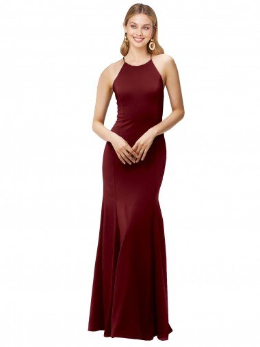 Fit and Flare Halter Neckline Stretch Formal Crepe Bridesmaid Dress / Prom Dress with Strappy Back Canada
