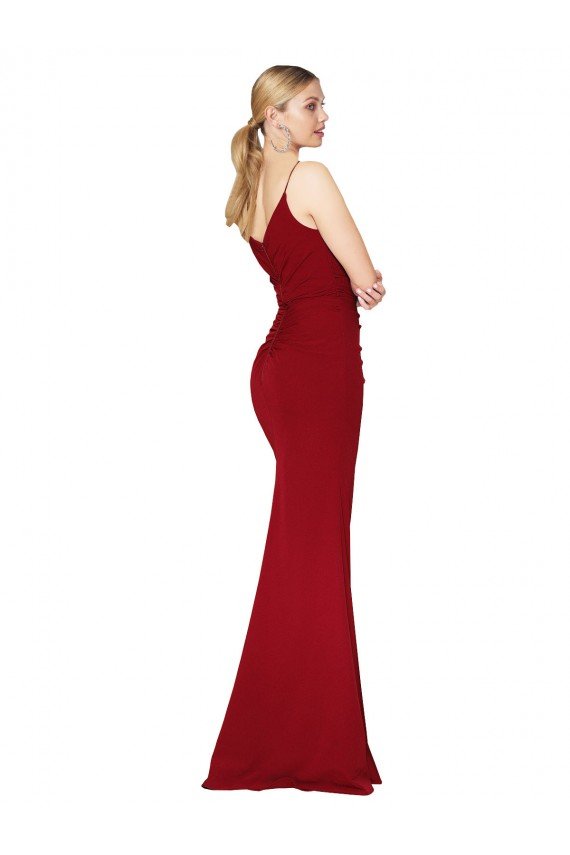 Spaghetti Straps V-Neck Long Formal Crepe Dress with High Slit