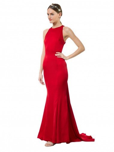 High Neck Mermaid Open Back Formal Crepe Maxi Bridesmaid Dress / Prom Dress with Train Detail Canada