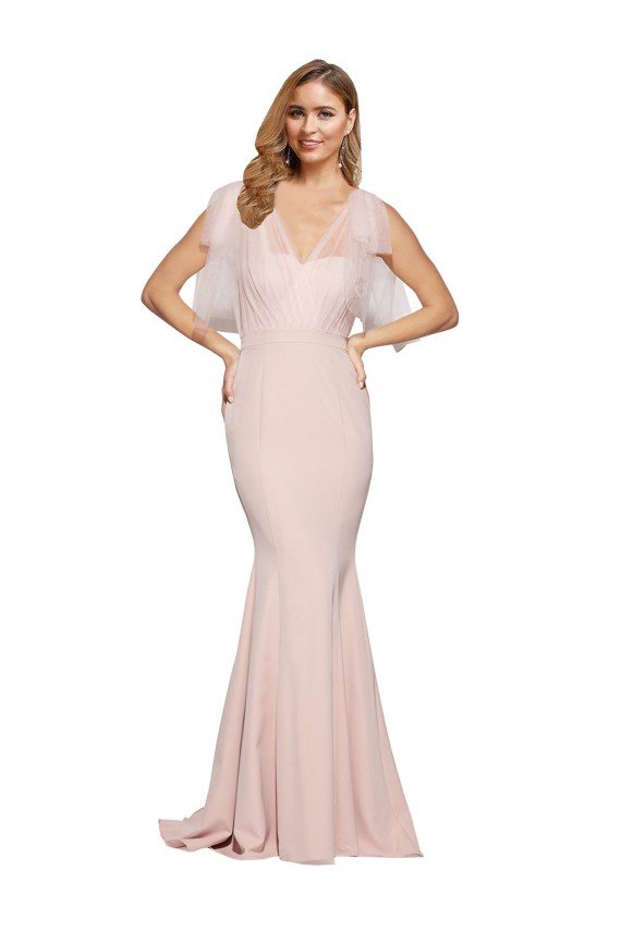 Double Bow Full Length Sweetheart Formal Crepe Bridesmaid Dress / Prom Dress with Tulle Overlay