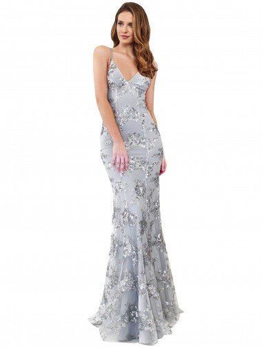 Silver V-Neckline Backless Floral Patterned Sequin Formal Bridesmaid Dress / Prom Dress Canada