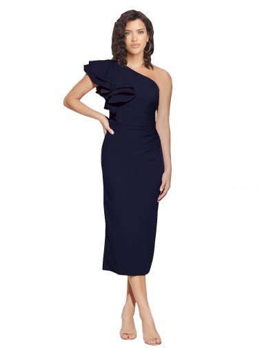 Ruched Midi Length Short Cocktail Formal Crepe Bridesmaid Dress / Prom Dress with Shoulder Ruffles Canada