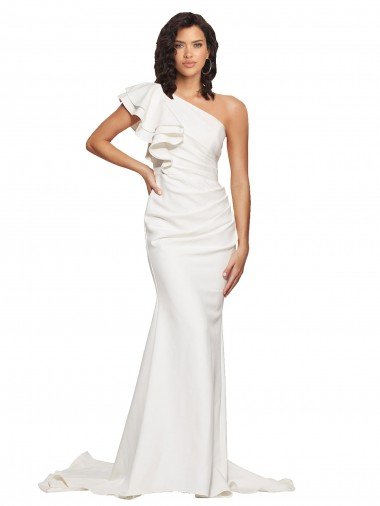 Ruched Long Sweep Train Crepe Bridesmaid Dress / Prom Dress with Shoulder Ruffles Canada