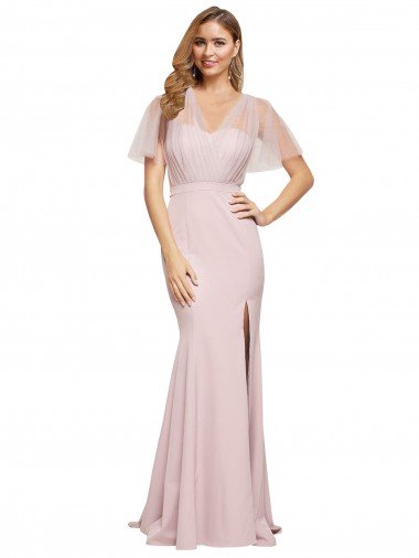 Crepe Long Sweetheart Neckline Formal Bridesmaid Dress / Prom Dress with Tulle Overlay Shoulders Canada