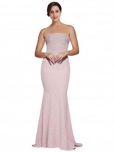 Straight Neck Long Strapless Formal Crepe Bridesmaid Dress / Prom Dress with Soft Tulle Overlay and Small Train Canada