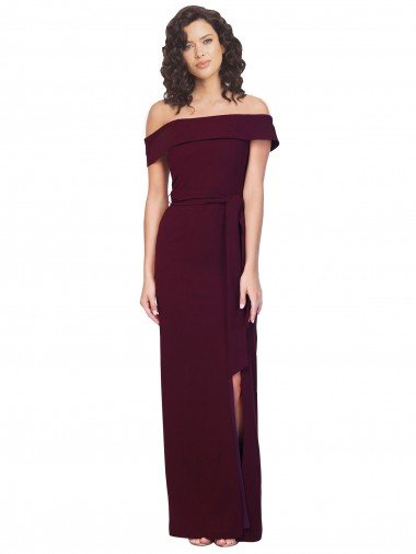 Fitted Full Length Off the Shoulder Formal Crepe Bridesmaid Dress / Prom Dress with Side Split and Waist Tie Canada