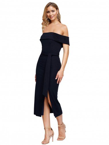 Fitted Short Cocktail Midi Length Off the Shoulder Formal Crepe Bridesmaid Dress / Prom Dress with Side Split and Waist Tie Canada