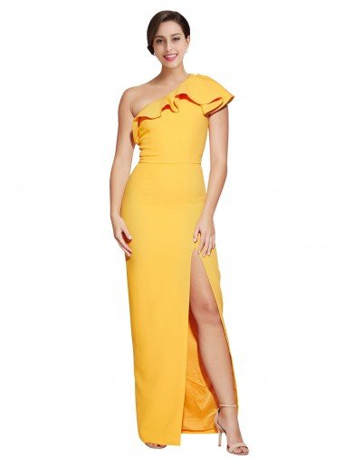 One Shoulder Floor Length Formal Crepe Bridesmaid Dress / Prom Dress with Thigh High Split Canada