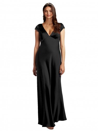 Plunging V-Neck Cap Cleeves Long Formal Stretch Satin Bridesmaid Dress / Prom Dress with Keyhole Back Canada