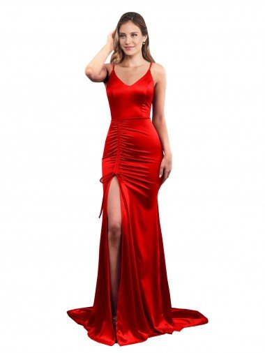 Long Pleated Formal Stretch Satin Bridesmaid Dress / Prom Dress with High Slit Canada