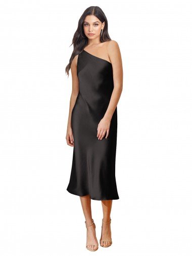 Sleek One Shoulder Midi Length Short Cocktail Formal Stretch Satin Slip Bridesmaid Dress / Prom Dress Canada