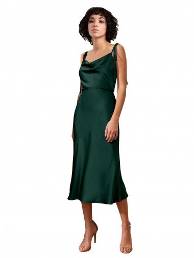 Spaghetti Straps Tie Shoulders Cowl Neck Short Midi Length Formal Stretch Satin Cocktail Bridesmaid Dress / Prom Dress Canada