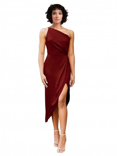One Shoulder Cocktail Midi Length Short Formal Stretch Satin Wrap Style Bridesmaid Dress / Prom Dress Canada