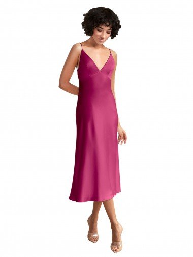 Midi Length V-Neck Short Formal Stretch Satin Bridesmaid Dress / Cocktail Prom Dress with Low Scoop Back Canada