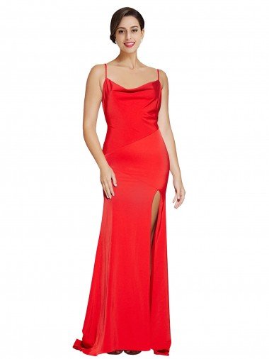 Low Back Cowl Neck Formal Stretch Satin Bridesmaid Dress / Prom Dress with High Side Slit Canada