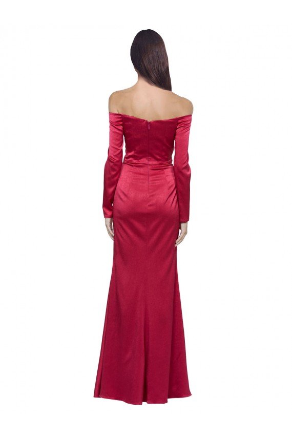 Long Sleeves Off the Shoulder Formal Stretch Satin Bridesmaid Dress / Prom Dress with High Side Split