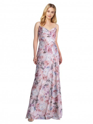 Draped Cowl Neck Long Printed Formal Stretch Satin Bridesmaid Dress Canada