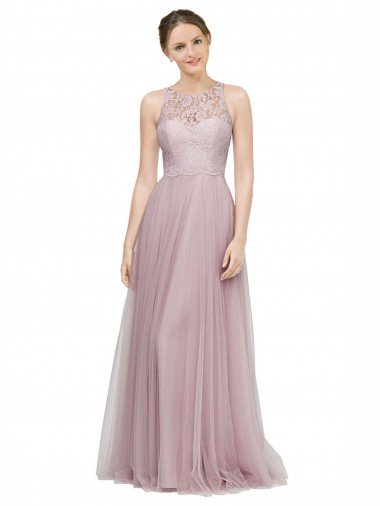 High Neck Long Tulle Bridesmaid Dress with Lace Bodice Canada