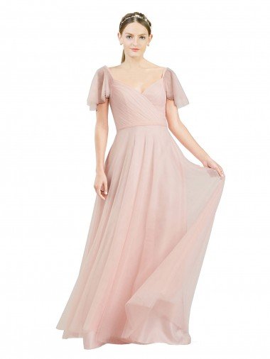 Long V-Neck Flutter Sleeves Tulle Bridesmaid Dress Canada