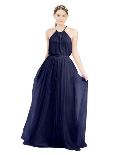 Long A-Line High Neck Halter Tulle Bridesmaid Dress Canada