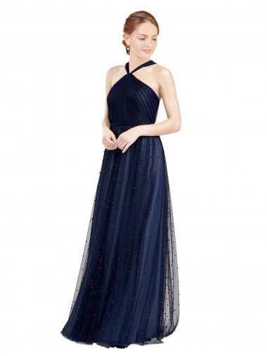 Floor Length Long Halter Pleated Tulle Bridesmaid Dress Canada