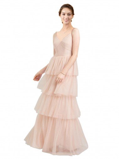 V-Neck A-Line Layered Long Tulle Bridesmaid Dress Canada
