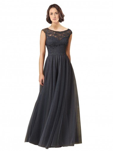 Long Bateau Tulle Bridesmaid Dress with Lace Bodice Canada