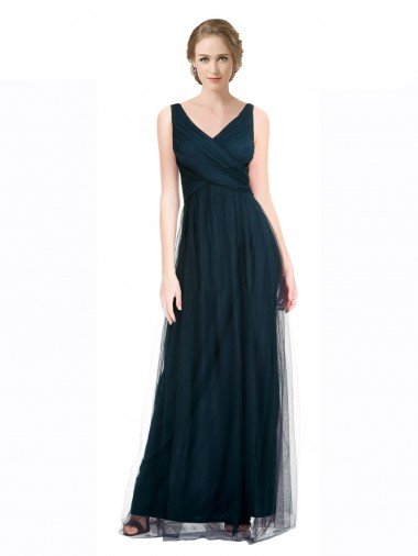 Full Length Long Tulle Bridesmaid Dress with V-Neck Criss-Cross Ruched Top Canada