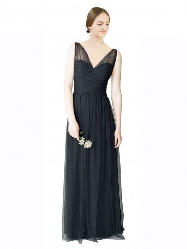 Long Tulle Bridesmaid Dress with Illusion Shoulder Straps and V-Back Canada