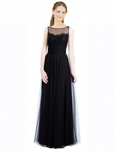Full Length Tulle Bridesmaid Dress with Lace Bodice and Soft Tulle Illusion Top Canada
