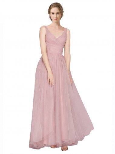 Long Floor Length Wide Strap Plunge Cross Over Neckline Tulle Bridesmaid Dress Canada