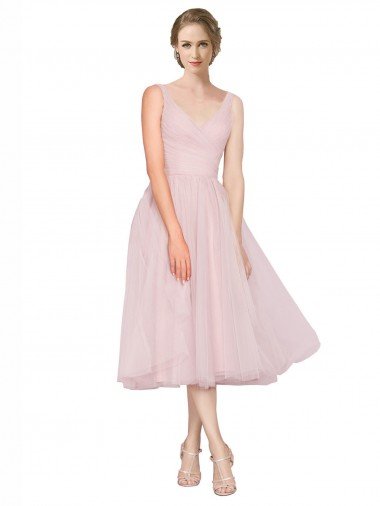 Short Tea Length Wide Strap Plunge Cross Over Neckline Tulle Cocktail Bridesmaid Dress Canada