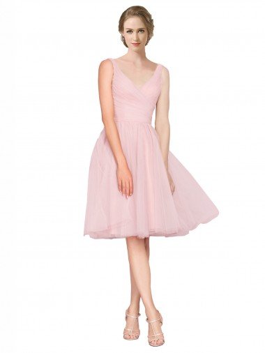 Short Knee Length Wide Strap Plunge Cross Over Neckline Tulle Cocktail Bridesmaid Dress Canada