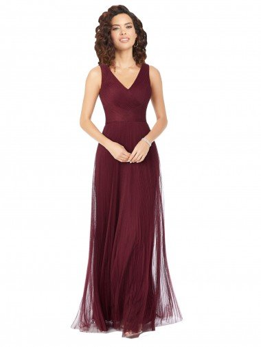 Long A-Line V-Neck Tulle Bridesmaid Dress Canada