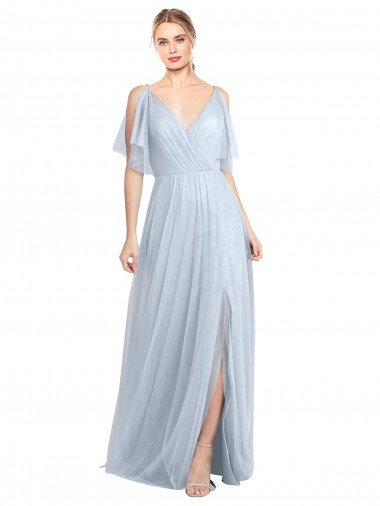 Floor Length Flutter Sleeves Long Tulle Bridesmaid Dress with Side Slit Canada