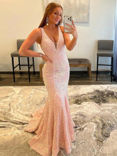 Deep V-Neck Sleeveless Long Low Back Velvet Sequin Prom Dress Canada