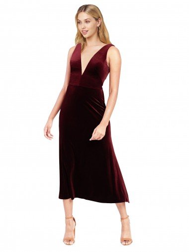 Daring Plunging V-Neckline Short Midi Cocktail Length Velvet Bridesmaid Dress / Prom Dress Canada