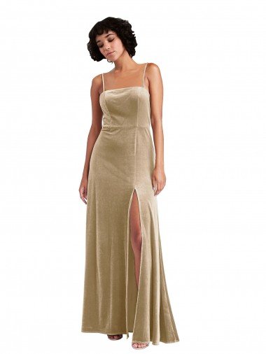 Square Neck Formal Velvet Maxi Bridesmaid Dress / Prom Dress with Front Slit & Pockets Canada