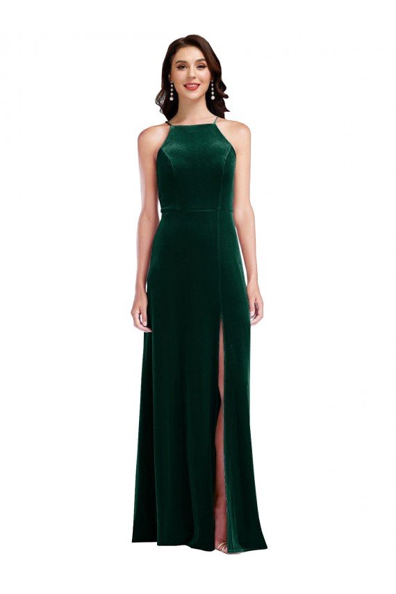 Velvet Halter Maxi Bridesmaid Dress / Prom Dress with Pockets & Front Slit