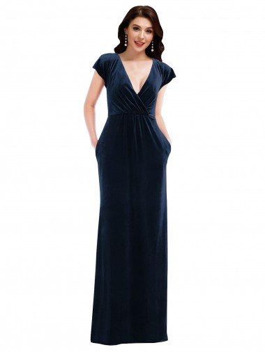 Flutter Sleeve Wrap Bodice Formal Velvet Maxi Bridesmaid Dress / Prom Dress with Pockets Canada