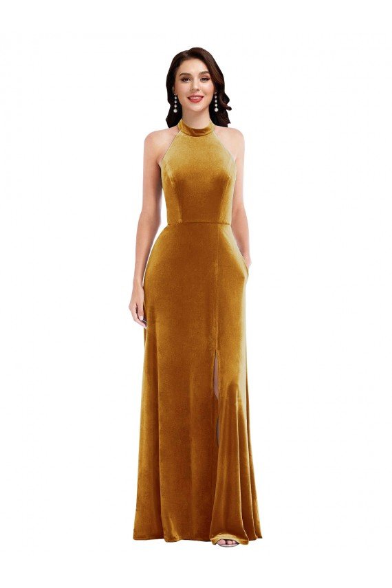 High-Neck Halter Velvet Maxi Bridesmaid Dress / Prom Dress with Front Slit