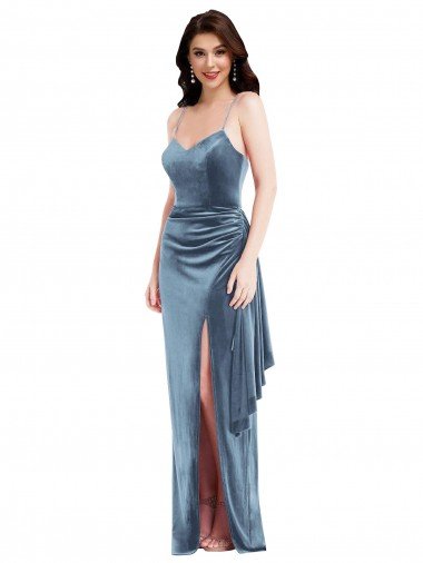 Spaghetti Strap Formal Velvet Maxi Bridesmaid Dress / Prom Dress with Draped Skirt Canada